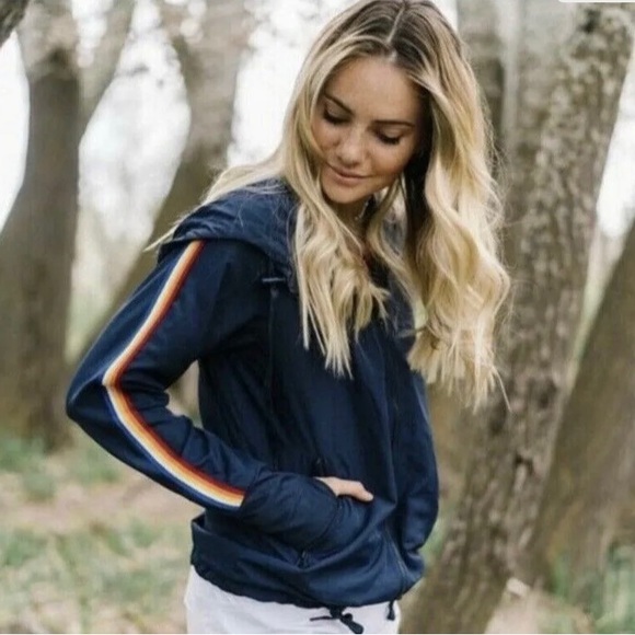 Zyia Active Rainbow Bomber Jacket Rainbow Stripe Navy Women's Sz M - Picture 1 of 5